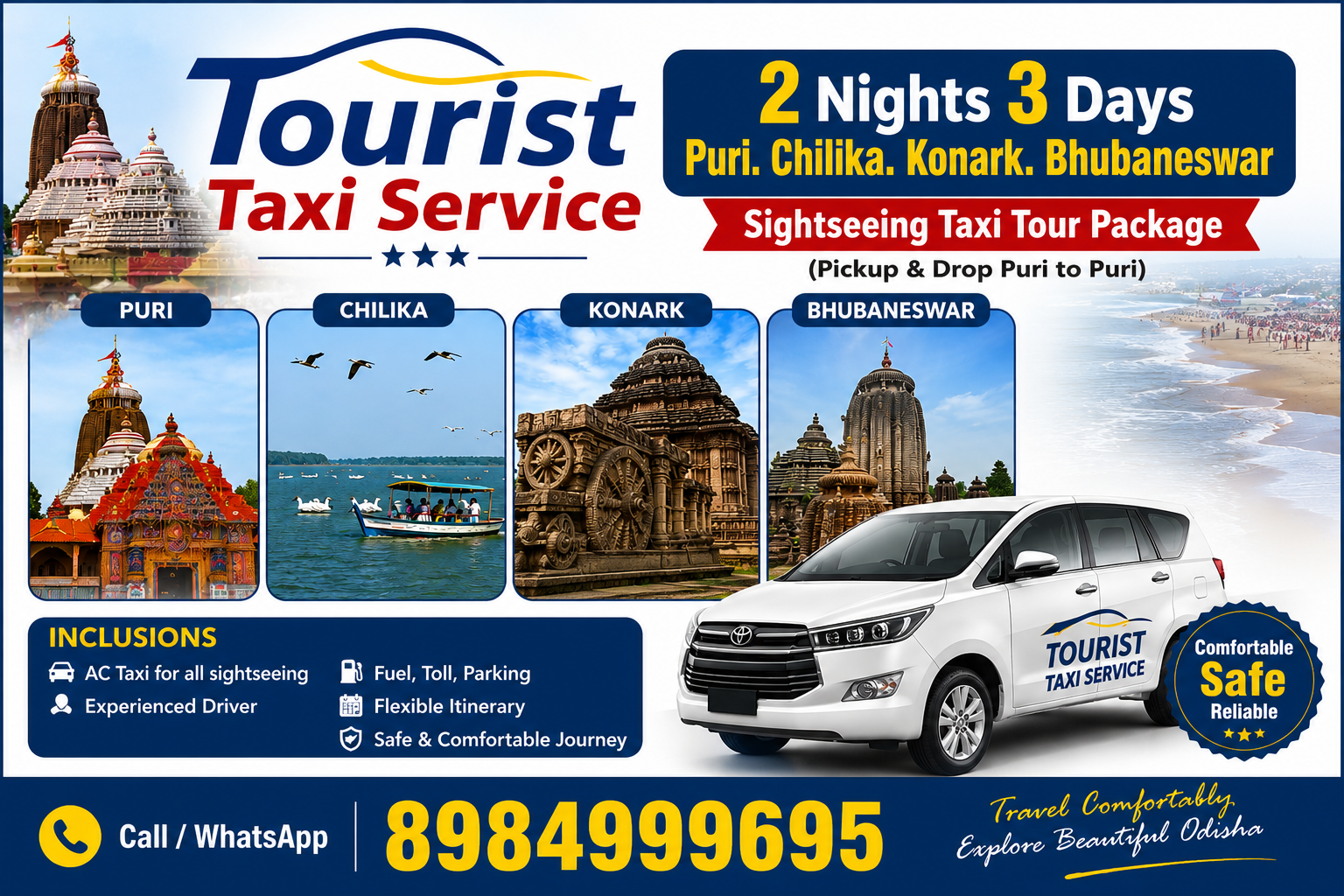 2 Nights 3 Days Puri. Chilika. Konark. Bhubaneswar Sightseeing Taxi Tour Package. (Pickup & Drop Puri to Puri)